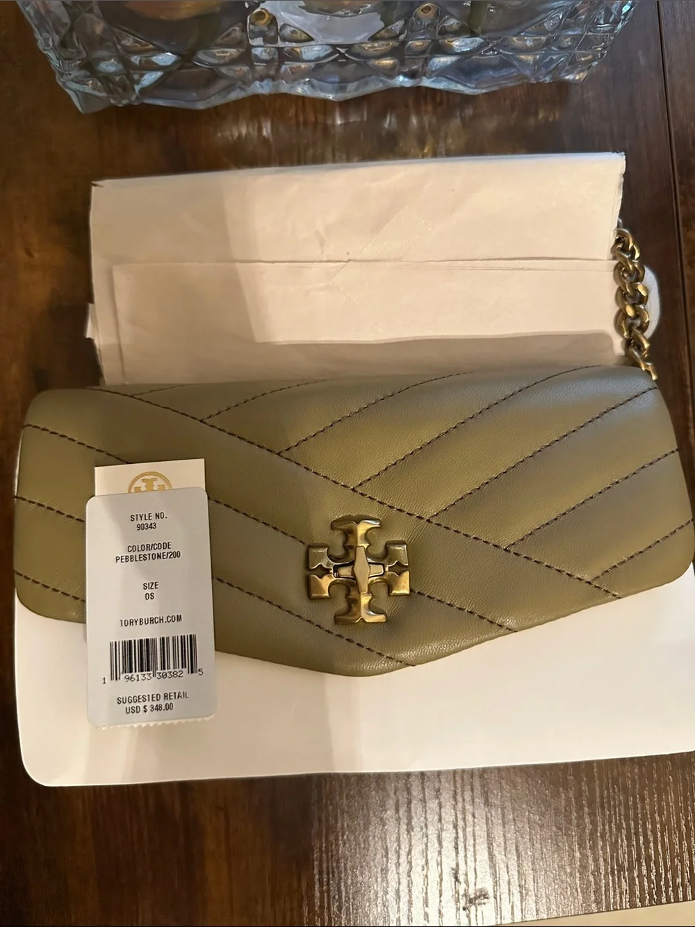 Tory Burch Quilted Chevron Leather Clutch in Pebblestone with Gold Logo